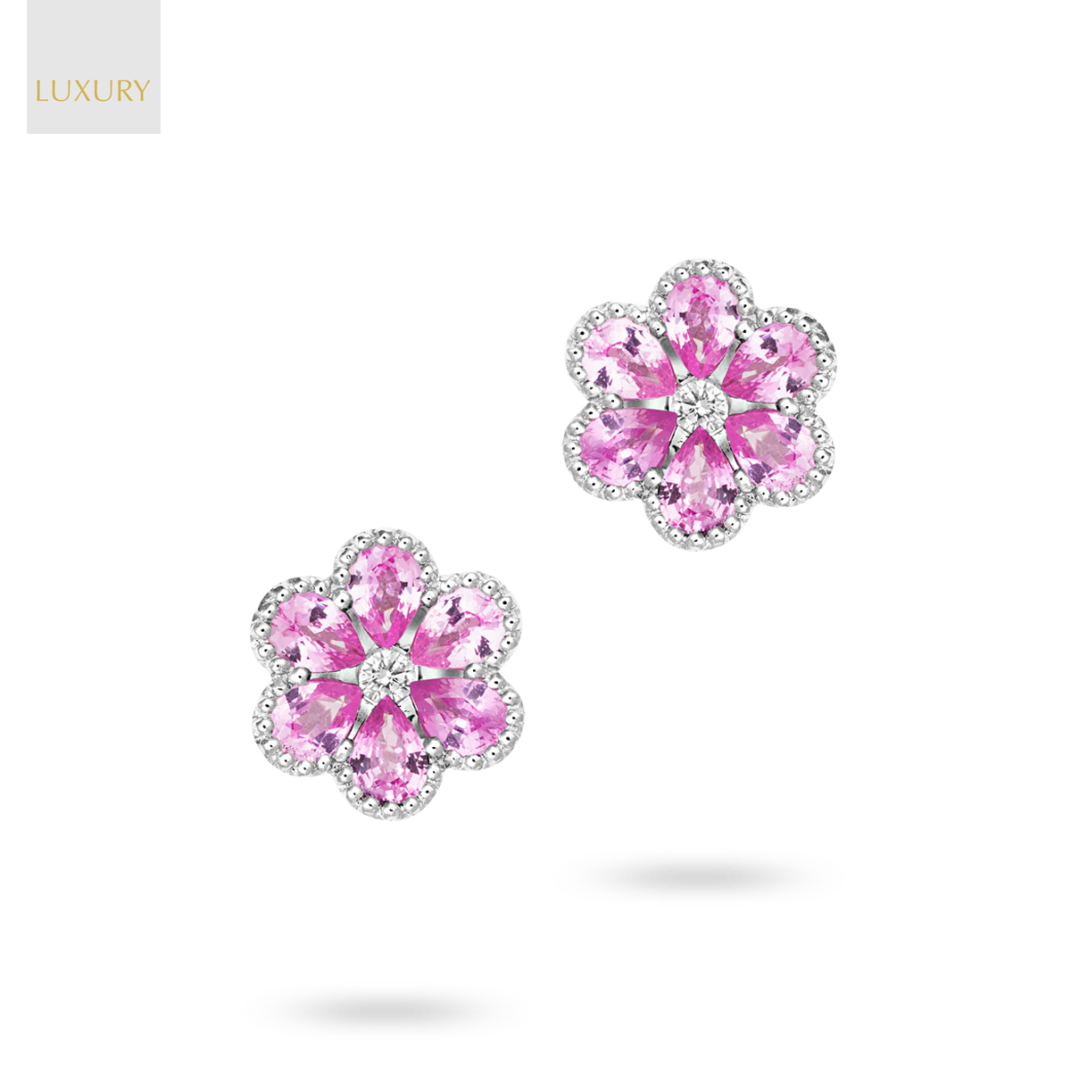 18ct White Gold Pink Sapphire & Diamond Flower Stud Earrings