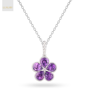 18ct White Gold Amethyst & Diamond Flower Pendant & Chain