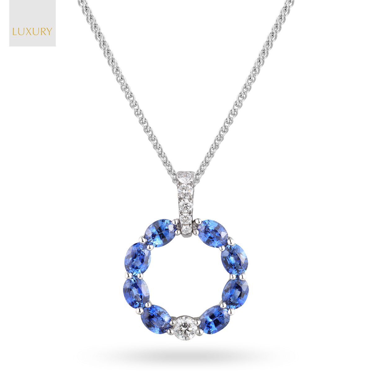 18ct White Gold Sapphire & Diamond Circle Pendant & Chain