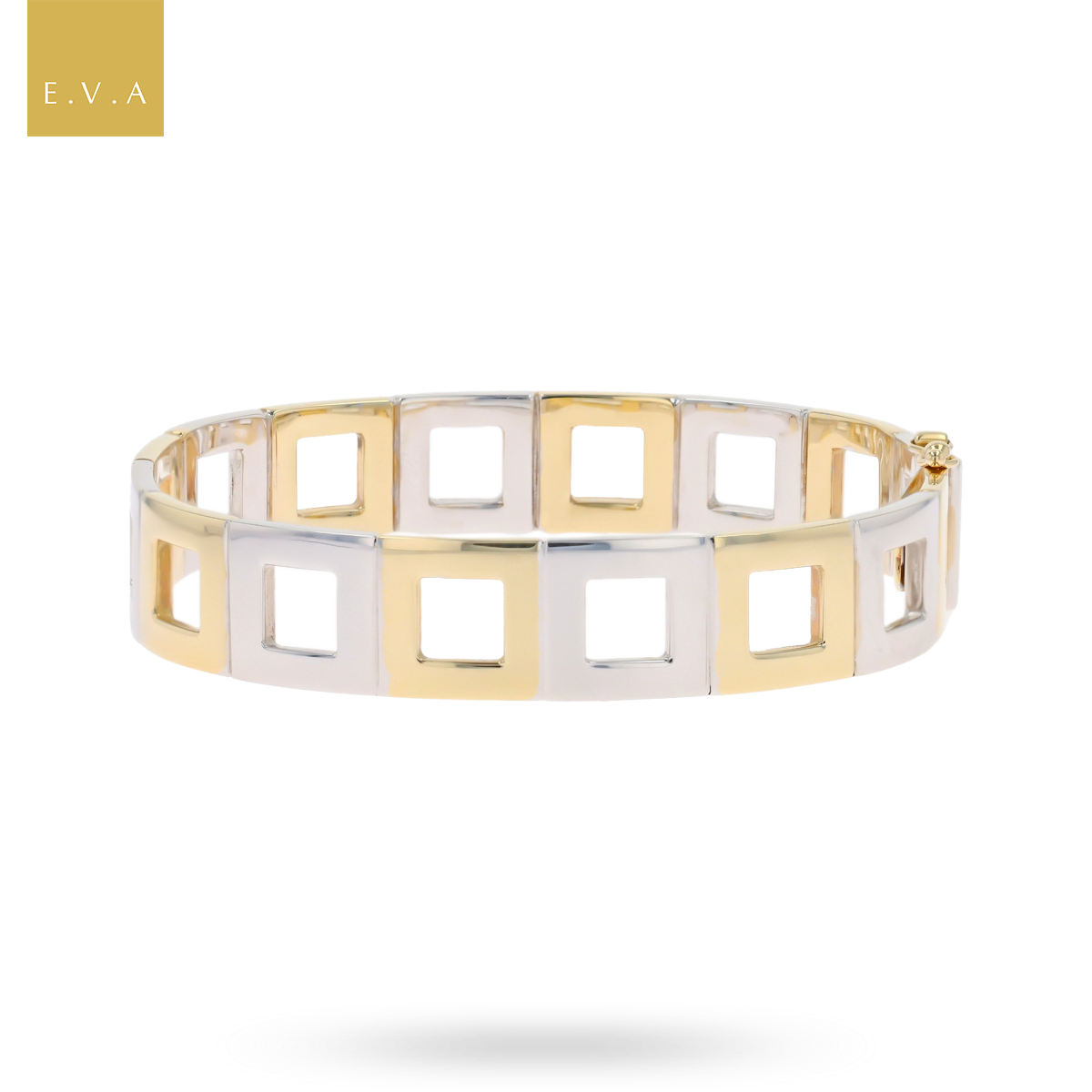 9ct Yellow & White Gold Square Link Hinged Bangle