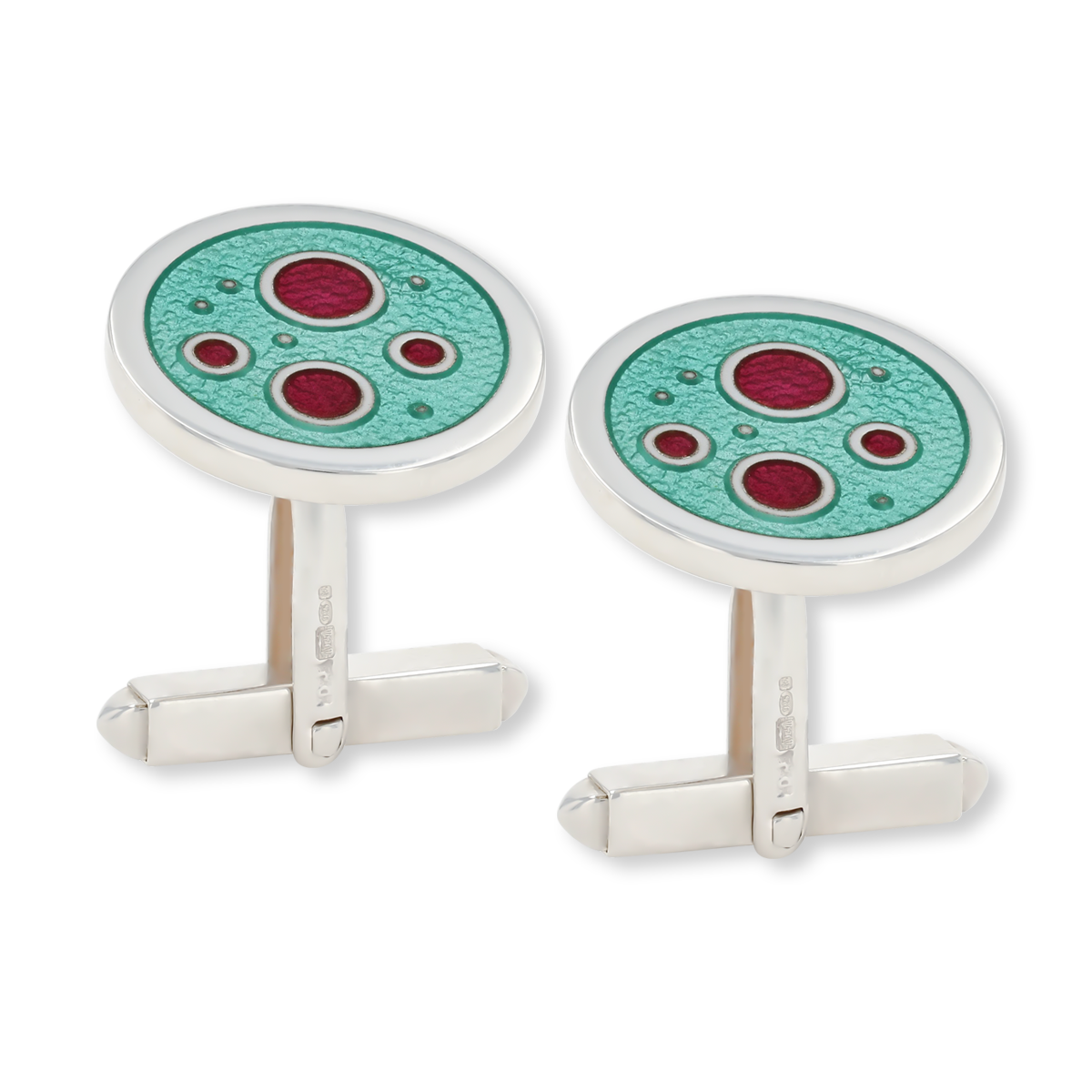 Sterling Silver Abstract Green & Red Enamel Round Cufflinks