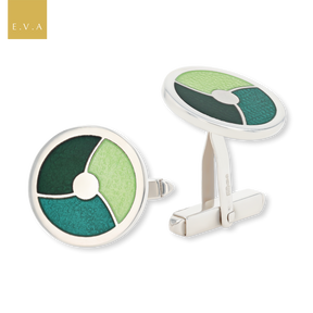 Sterling Silver Round Cufflinks With Green Enamel