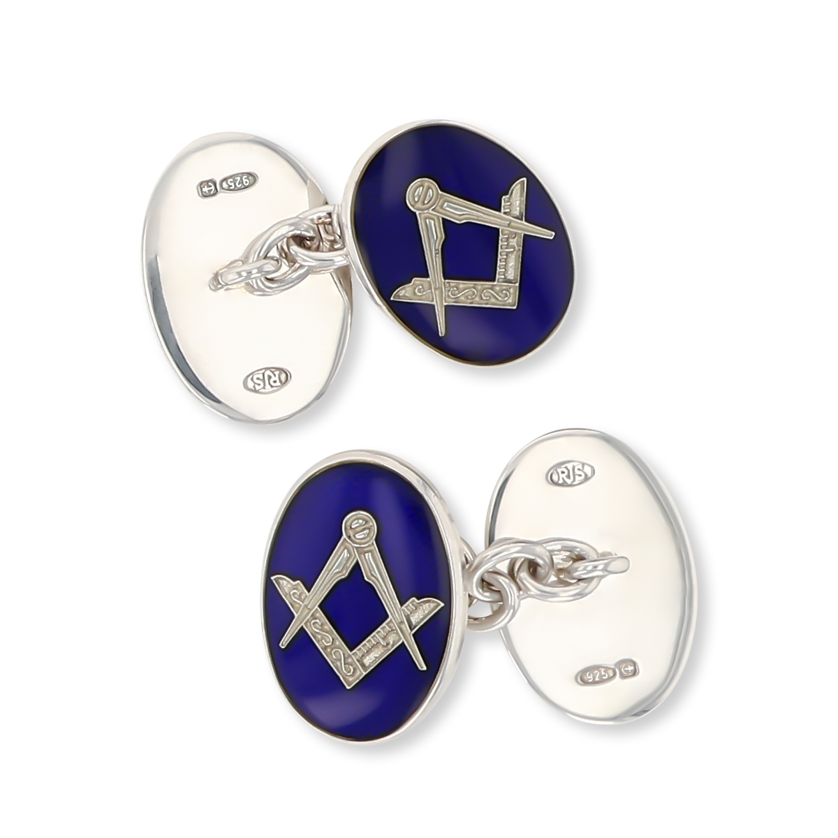 Sterling Silver Oval Masonic Cufflinks With Blue Enamel