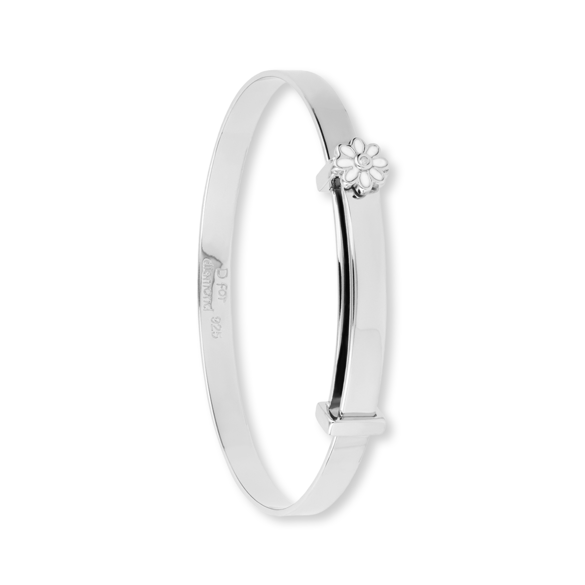 Sterling Silver White Enamel Daisy Expandable Bangle With Diamond