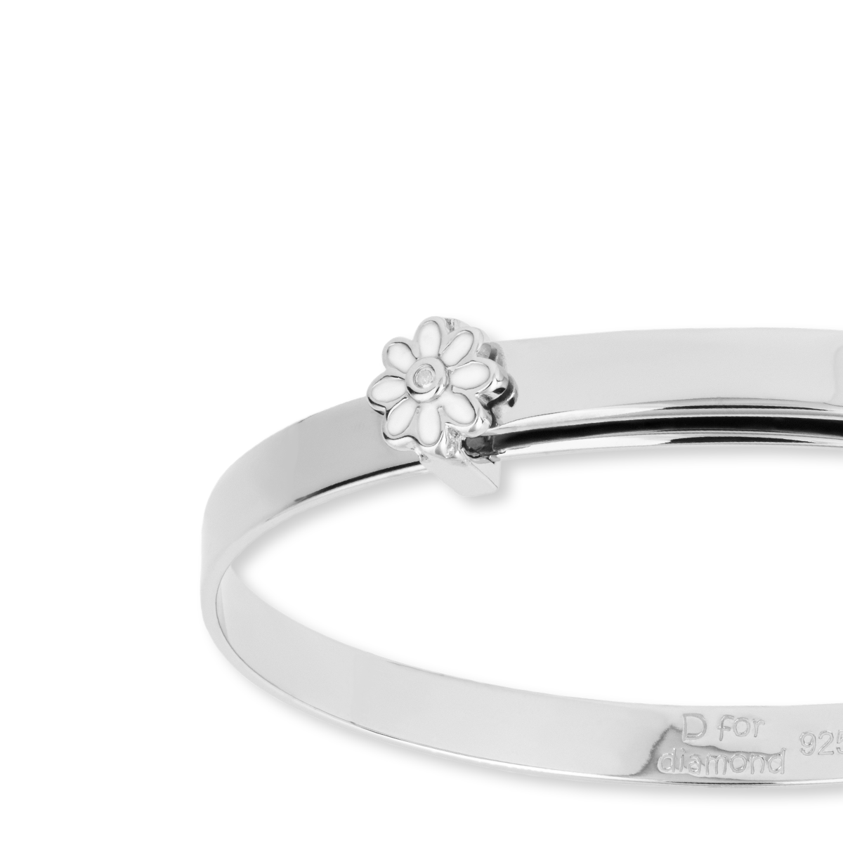 Sterling Silver White Enamel Daisy Expandable Bangle With Diamond