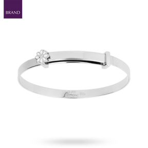 Sterling Silver White Enamel Daisy Expandable Bangle With Diamond