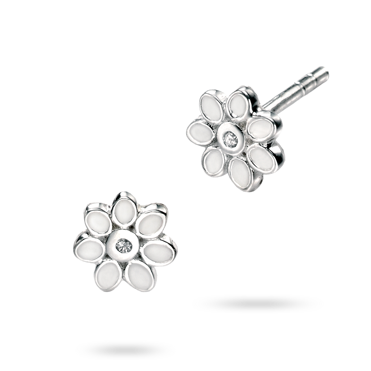 Sterling Silver White Enamel Daisy Stud Earrings With Diamond