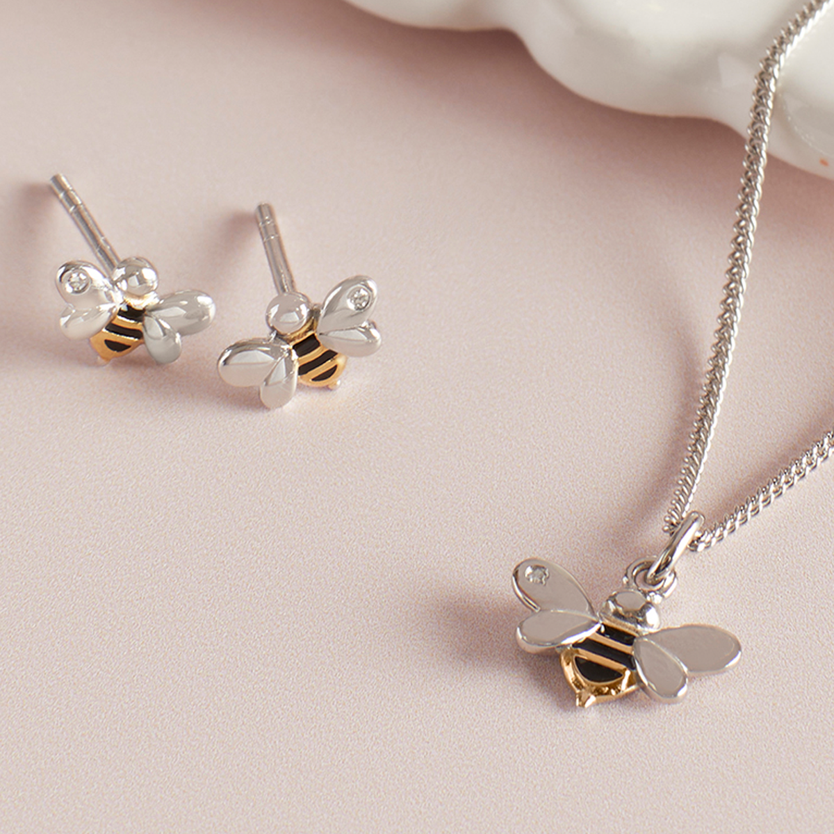 Recycled Sterling Silver Bee Stud Earrings & Pendant With Yellow Gold Plating, Enamel & Diamond