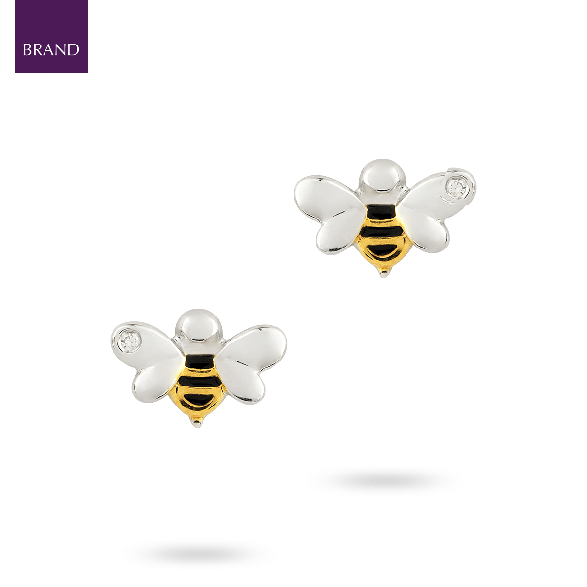 Recycled Sterling Silver Bee Stud Earrings With Yellow Gold Plating, Enamel & Diamond