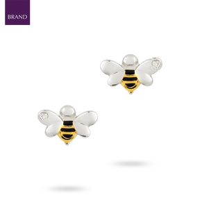 Recycled Sterling Silver Bee Stud Earrings With Yellow Gold Plating, Enamel & Diamond