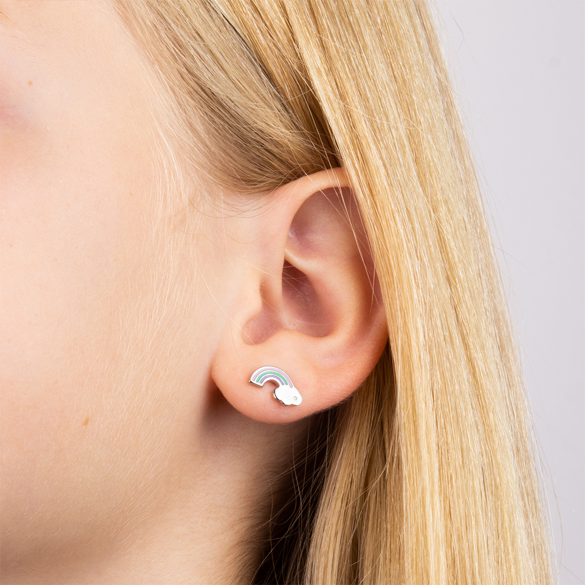 Model wears Recycled Sterling Silver Rainbow Stud Earrings With Enamel & Diamond
