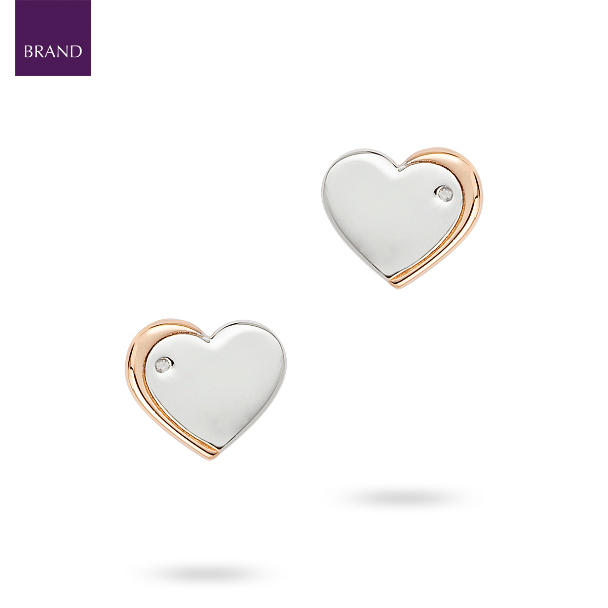 Recycled Sterling Silver Heart Stud Earrings with Rose Gold Plated Detail & Diamond