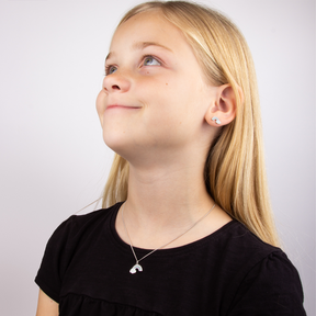 Model wears Recycled Sterling Silver Rainbow Necklace & Earrings With Enamel & Diamond