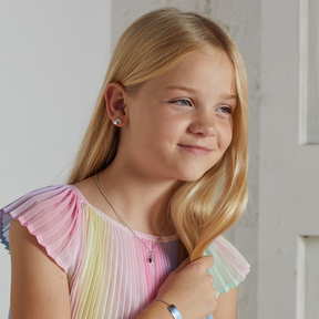 Model wears Recycled Sterling Silver Rainbow Necklace & Earrings With Enamel & Diamond