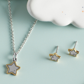 Recycled Sterling Silver Star Earrings & Necklace With Yellow Gold Plated Detail & Diamond