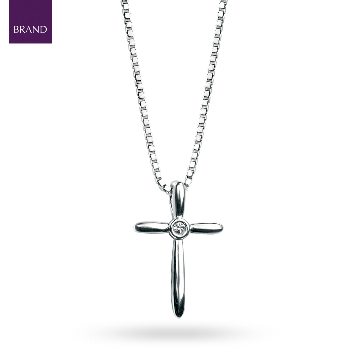 Sterling Silver Diamond Rounded Profile Cross Pendant With Chain