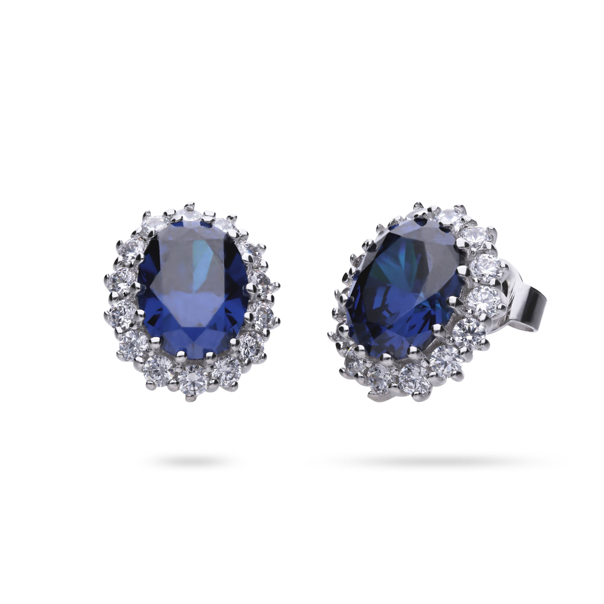 Sterling Silver Oval Shaped Blue Cubic Zirconia Cluster Stud Earrings