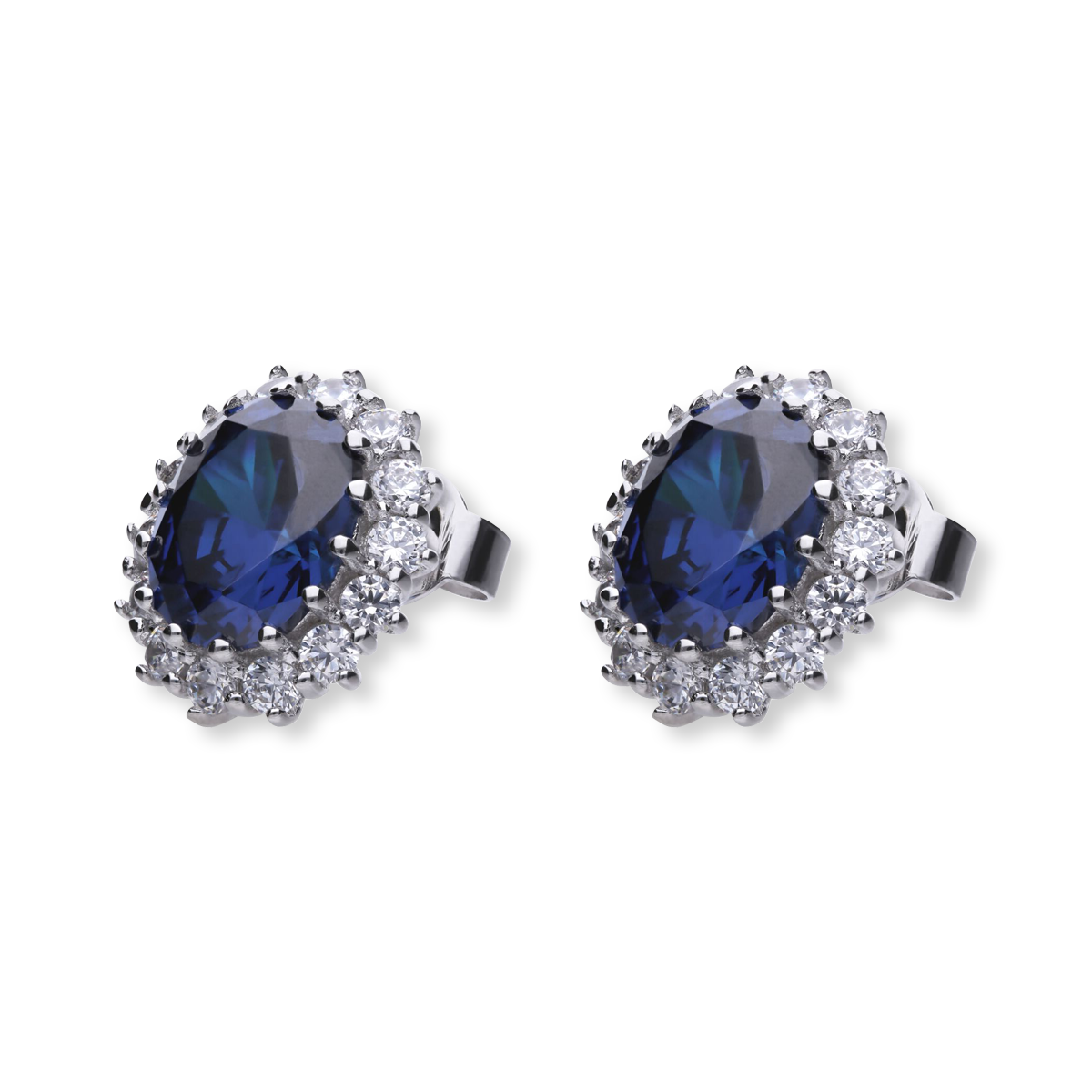 Sterling Silver Oval Shaped Blue Cubic Zirconia Cluster Stud Earrings