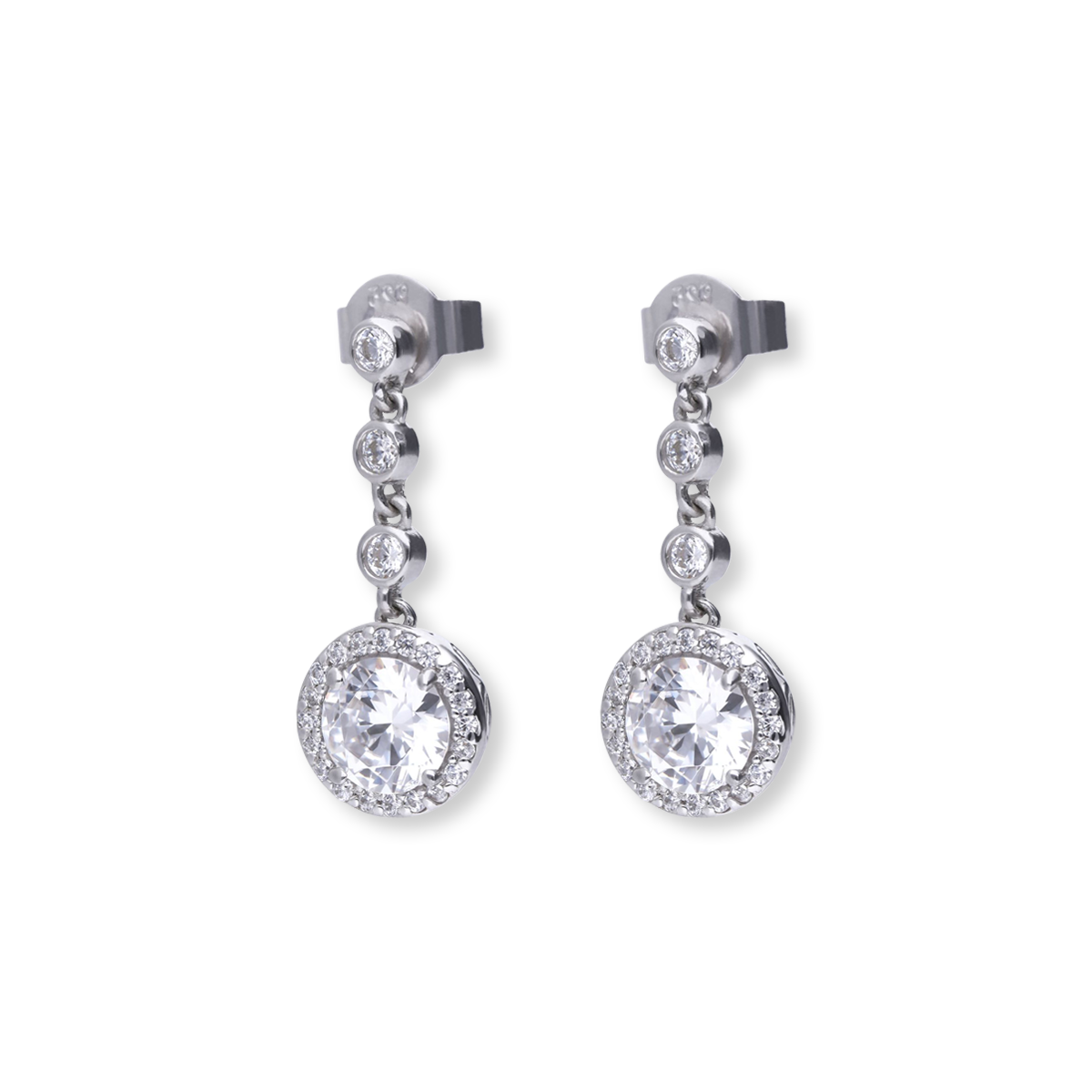Sterling Silver Round Cubic Zirconia Halo Drop Earrings