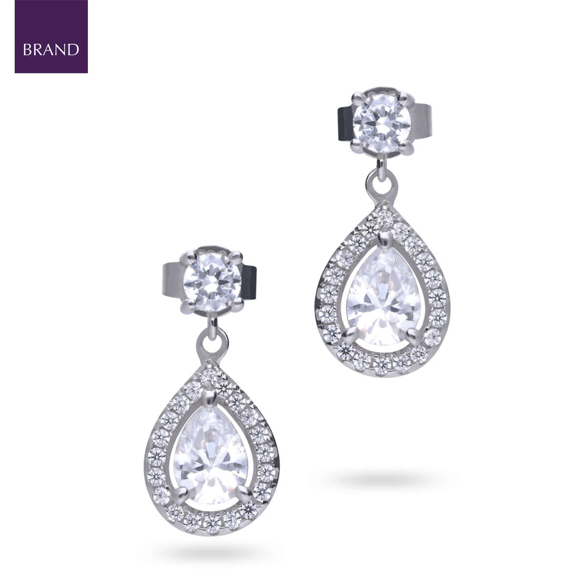 Sterling Silver Teardrop Cubic Zirconia Halo Drop Earrings