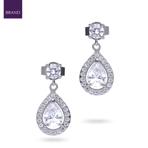 Sterling Silver Teardrop Cubic Zirconia Halo Drop Earrings