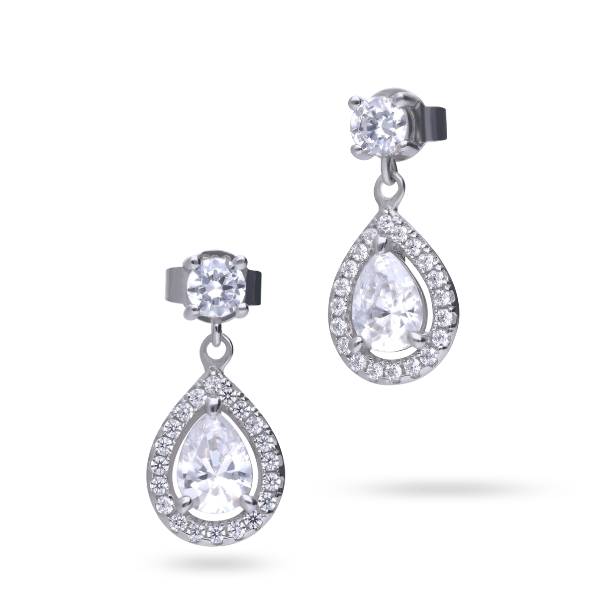 Sterling Silver Teardrop Cubic Zirconia Halo Drop Earrings