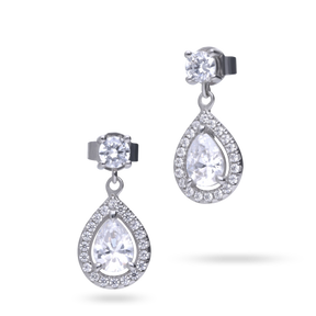 Sterling Silver Teardrop Cubic Zirconia Halo Drop Earrings