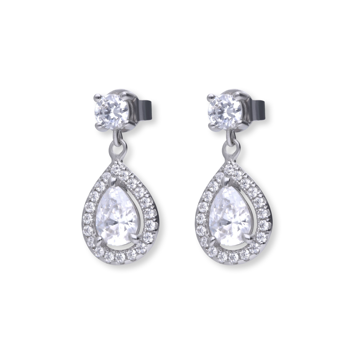 Sterling Silver Teardrop Cubic Zirconia Halo Drop Earrings