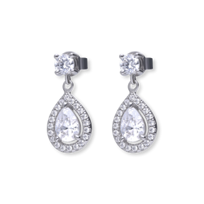 Sterling Silver Teardrop Cubic Zirconia Halo Drop Earrings