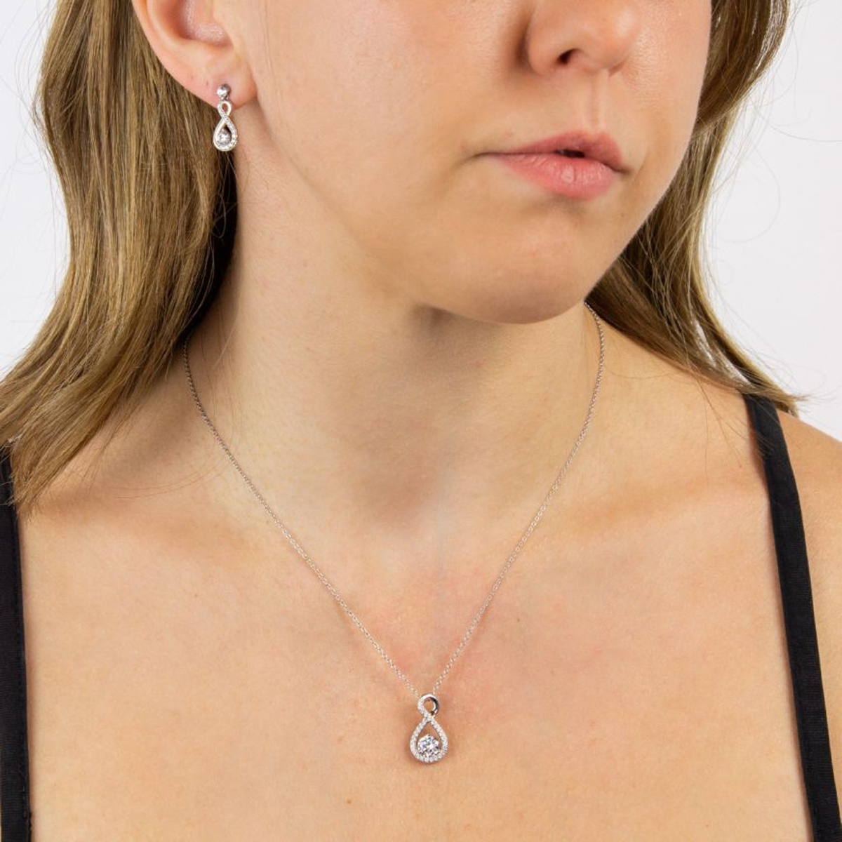 Sterling Silver Infinity Cubic Zirconia Set Drop Earrings & Pendant