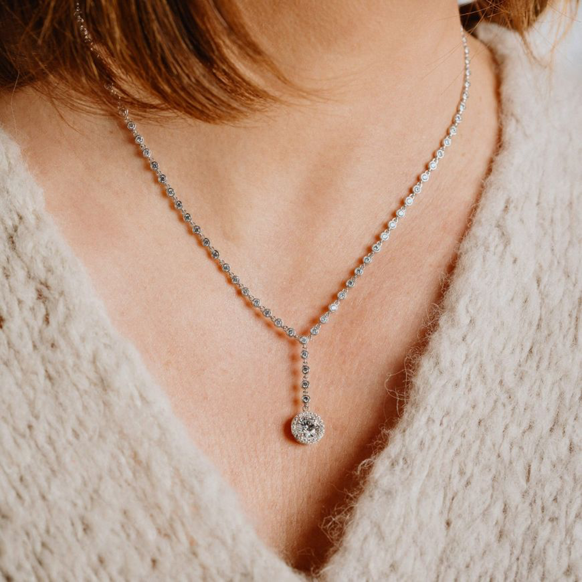 Model wears Sterling Silver Y Collier Cluster Drop Necklace