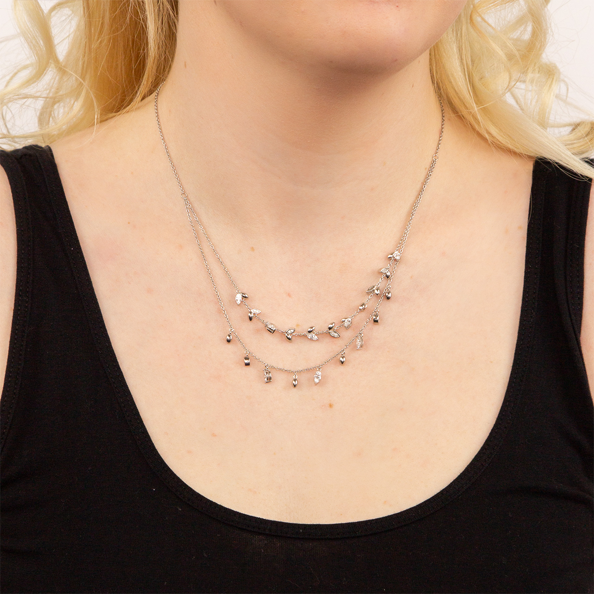 Model wears Sterling Silver Marquise & Multi-Stone Detail Double Row Necklace