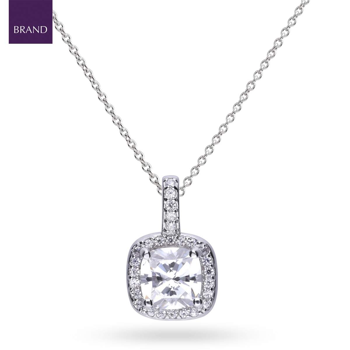 Sterling Silver Cushion Cubic Zirconia Halo Pendant & Chain