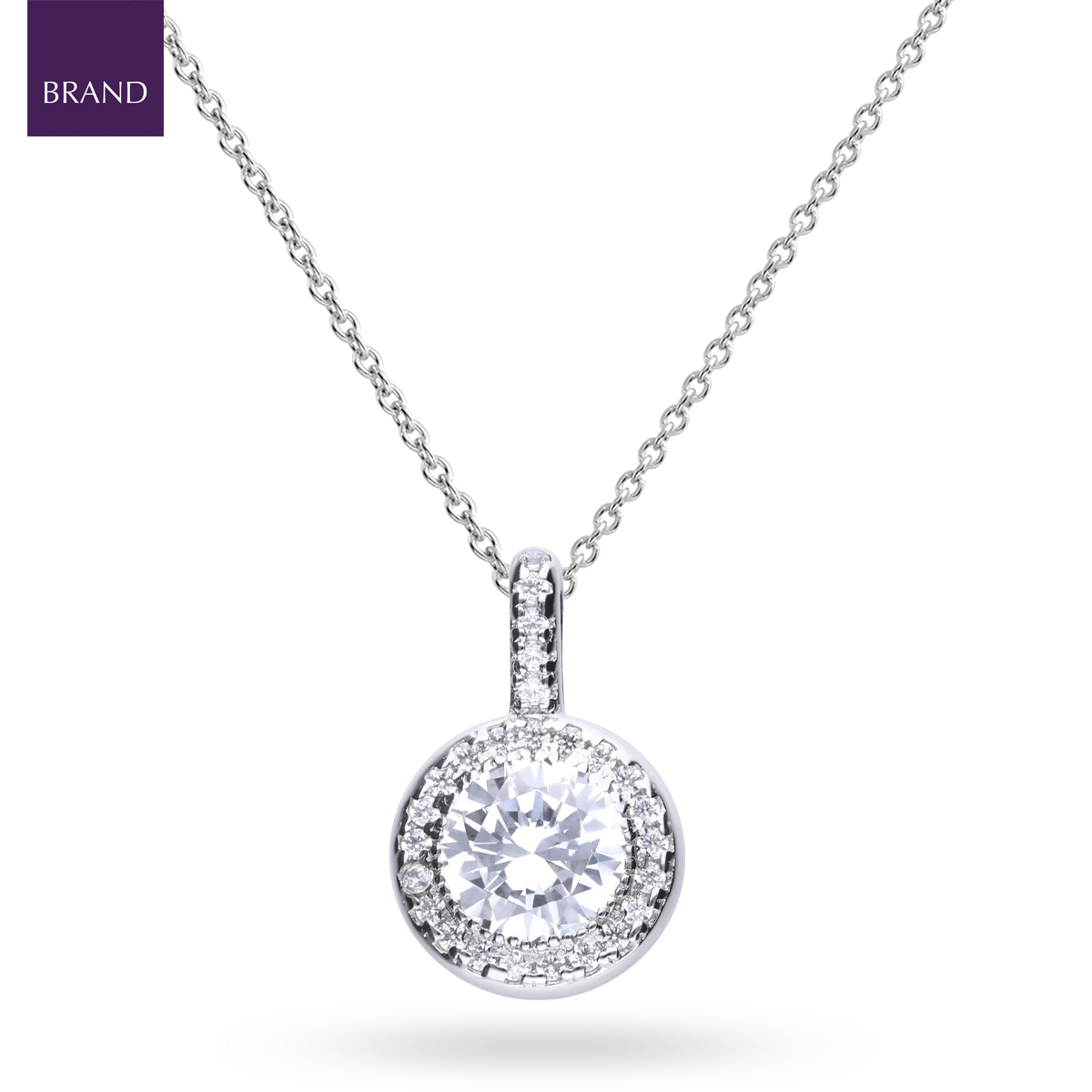Sterling Silver Round Cubic Zirconia Halo Pendant & Chain
