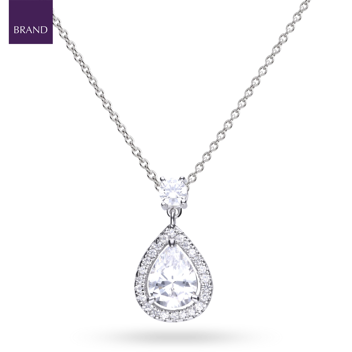 Sterling Silver Teardrop Cubic Zirconia Halo Pendant & Chain