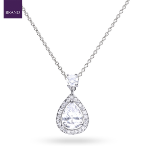 Sterling Silver Teardrop Cubic Zirconia Halo Pendant & Chain