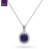 Sterling Silver Oval Shaped Blue Cubic Zirconia Cluster Pendant & Chain
