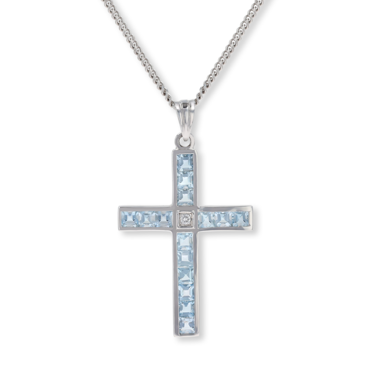 18ct White Gold Aquamarine & Diamond Set Cross Pendant & Chain