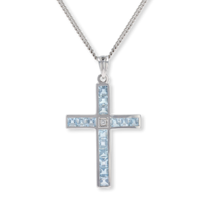 18ct White Gold Aquamarine & Diamond Set Cross Pendant & Chain