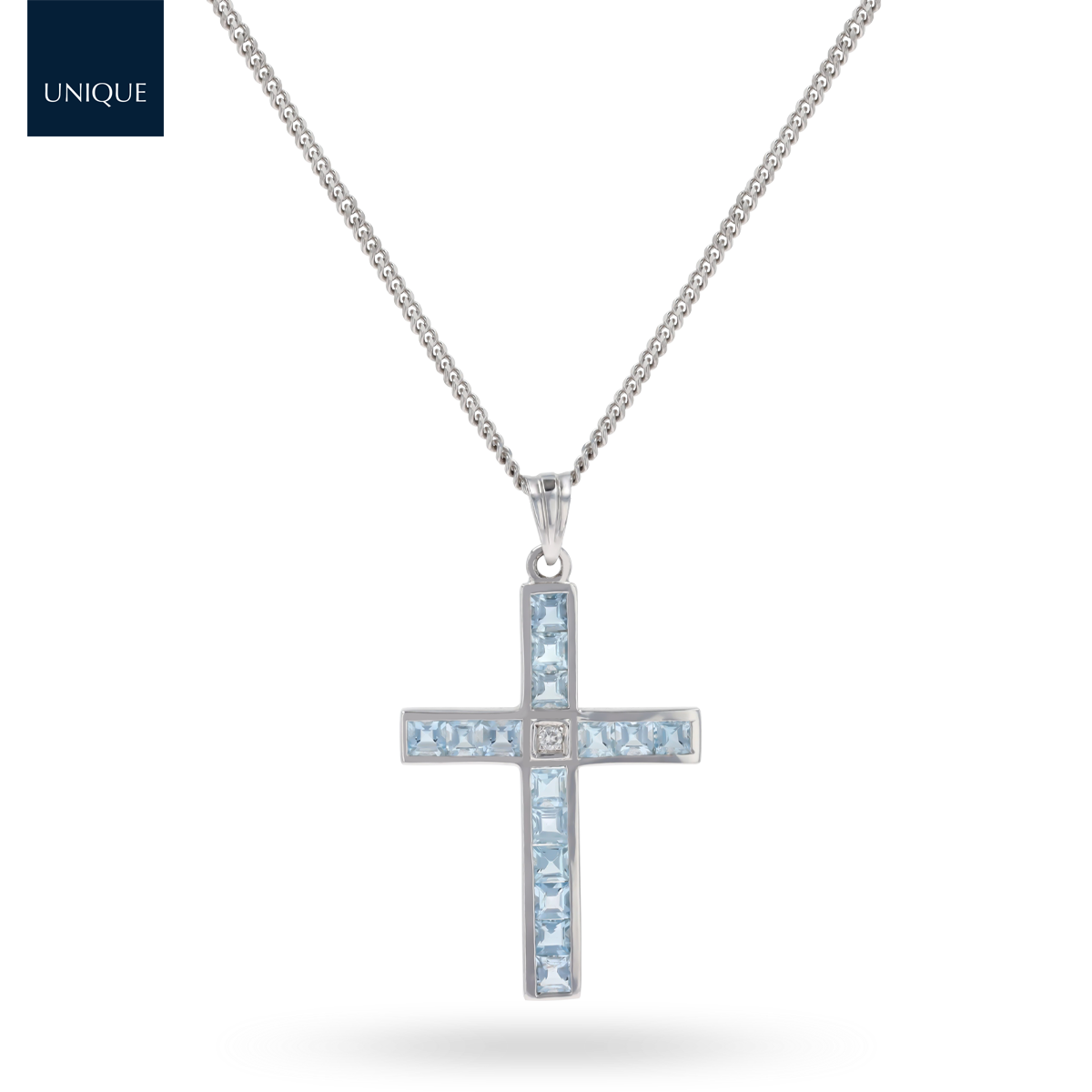 18ct White Gold Aquamarine & Diamond Set Cross Pendant & Chain