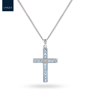 18ct White Gold Aquamarine & Diamond Set Cross Pendant & Chain