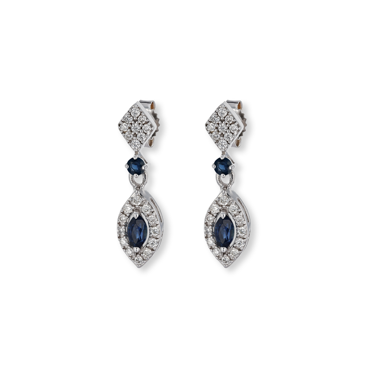 9ct White Gold Sapphire & Diamond Marquise Cluster Drop Earrings