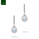 14ct White Gold Pear Shaped Aquamarine & Diamond Halo Drop Earrings