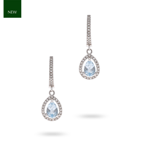 14ct White Gold Pear Shaped Aquamarine & Diamond Halo Drop Earrings