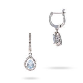 14ct White Gold Pear Shaped Aquamarine & Diamond Halo Drop Earrings