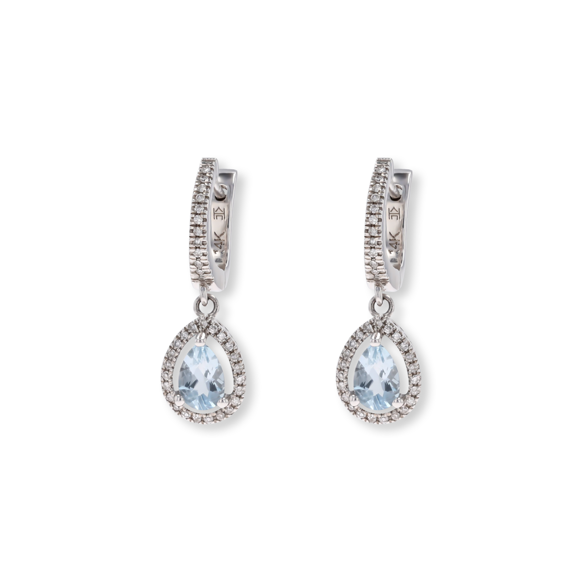 14ct White Gold Pear Shaped Aquamarine & Diamond Halo Drop Earrings