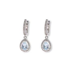 14ct White Gold Pear Shaped Aquamarine & Diamond Halo Drop Earrings