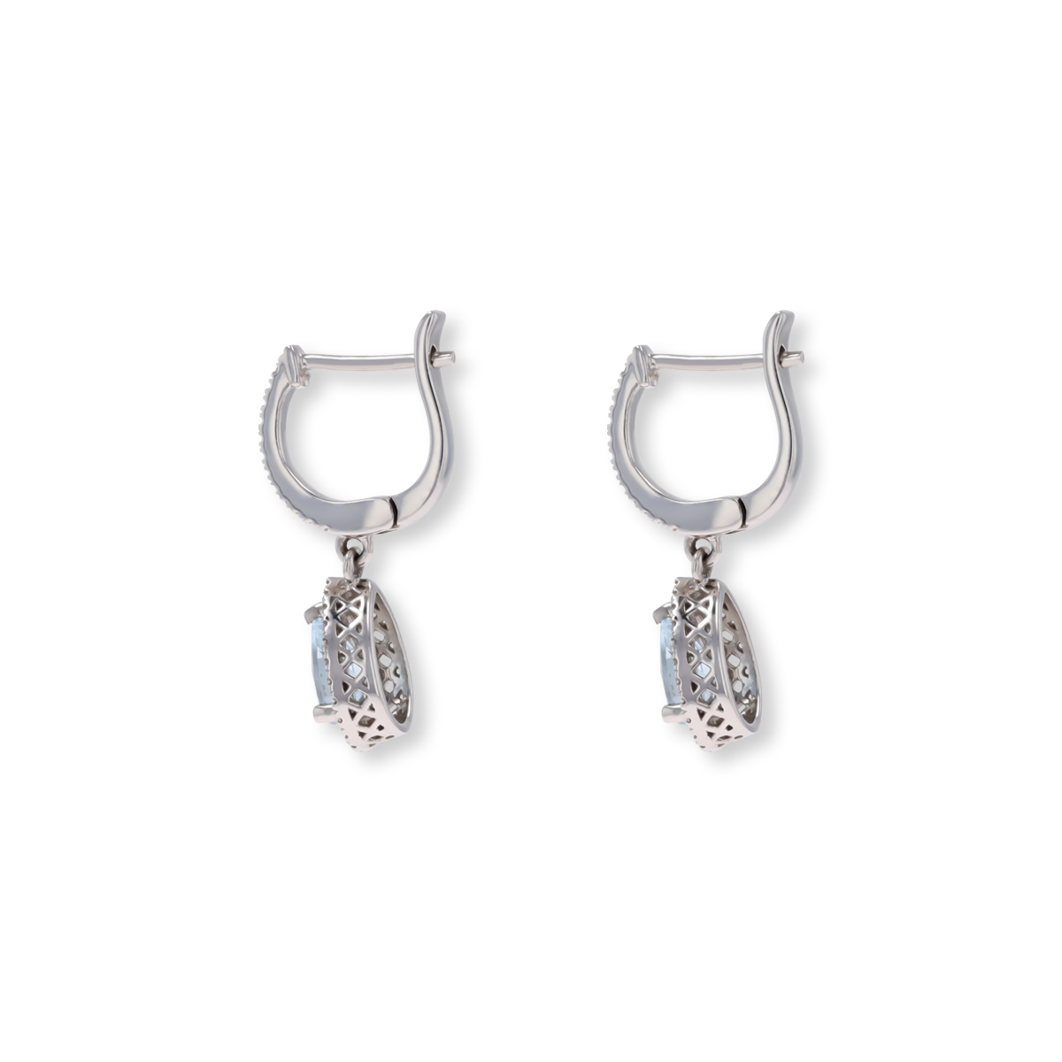 14ct White Gold Pear Shaped Aquamarine & Diamond Halo Drop Earrings