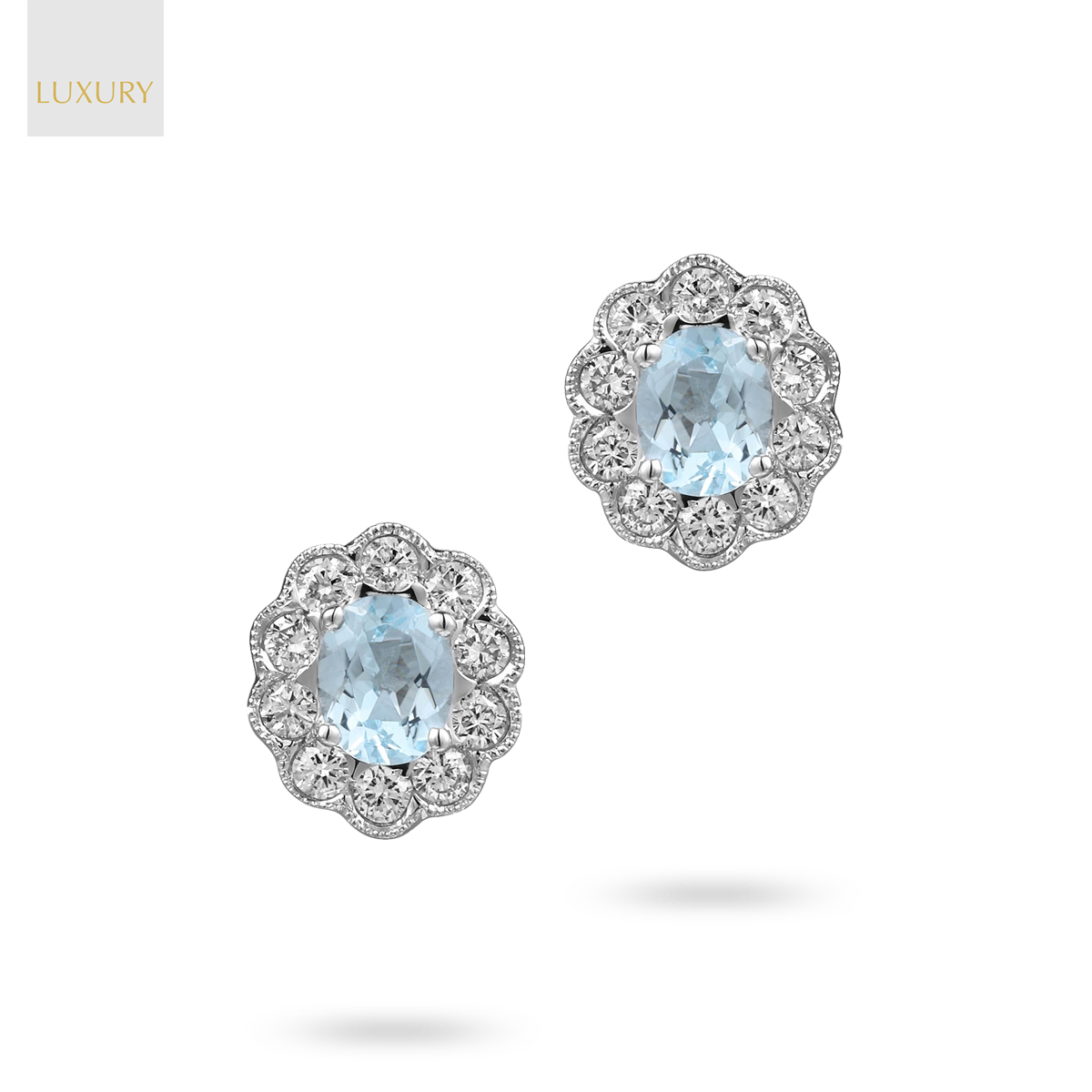 18ct White Gold Aquamarine & Diamond Oval Cluster Stud Earrings