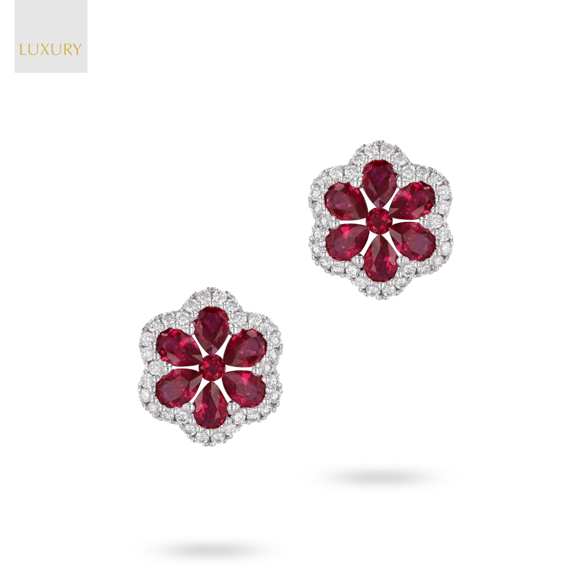 18ct White Gold Ruby & Diamond Flower Stud Earrings
